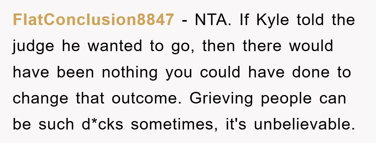 FlatConclusion8847 − NTA. If Kyle told the judge he wanted to go, then there would have been nothing you could have done to change that outcome. Grieving people can be...