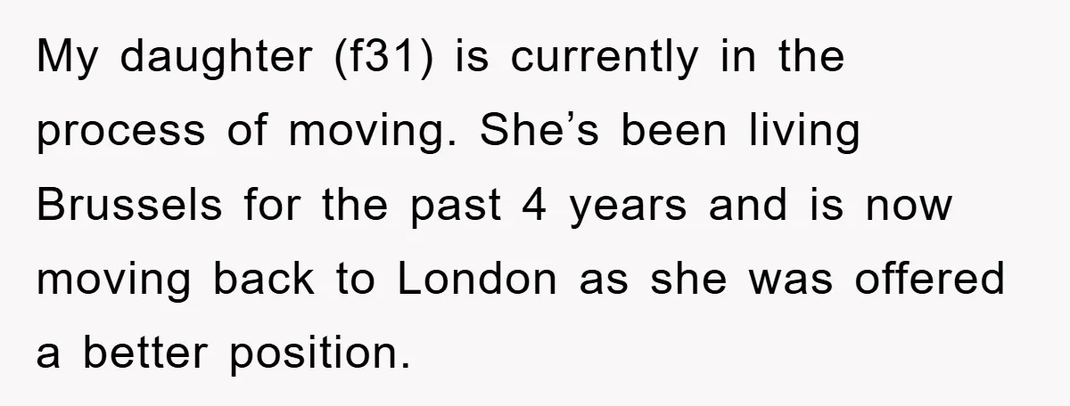 My daughter (f31) is currently in the process of moving. She’s been living Brussels for the past 4 years and is now moving back to London as she was offered...