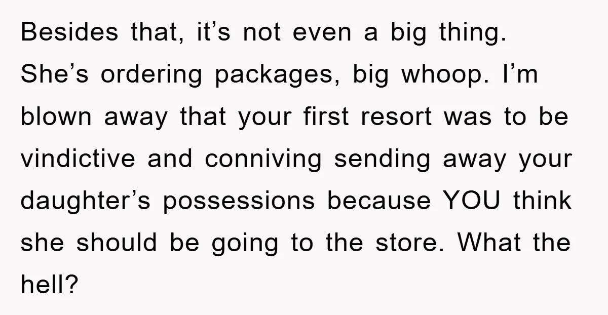 Besides that, it’s not even a big thing. She’s ordering packages, big whoop. I’m blown away that your first resort was to be vindictive and conniving sending away your daughter’s...