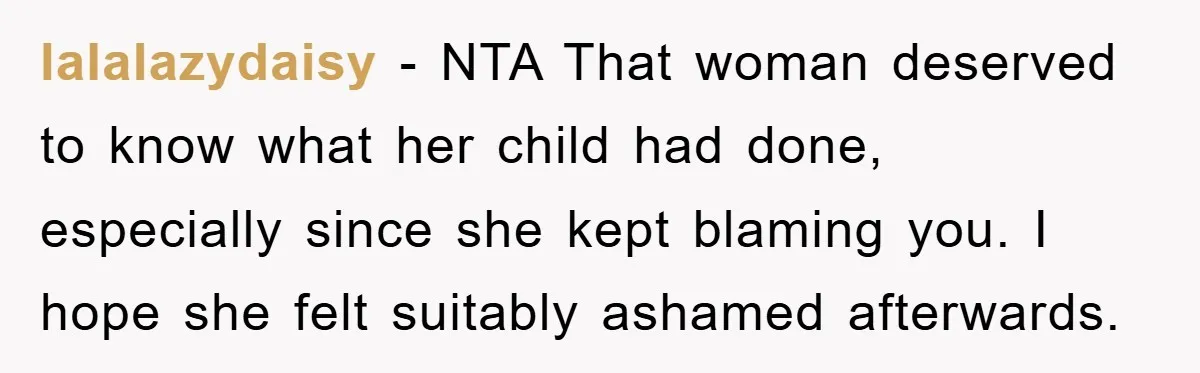 lalalazydaisy − NTA That woman deserved to know what her child had done, especially since she kept blaming you. I hope she felt suitably ashamed afterwards.