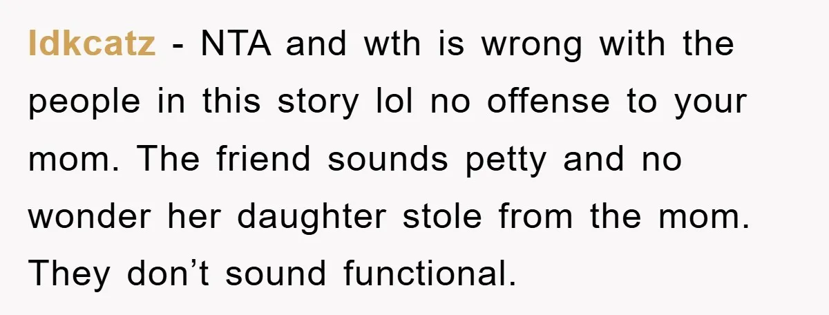 Idkcatz − NTA and wth is wrong with the people in this story lol no offense to your mom. The friend sounds petty and no wonder her daughter stole from...