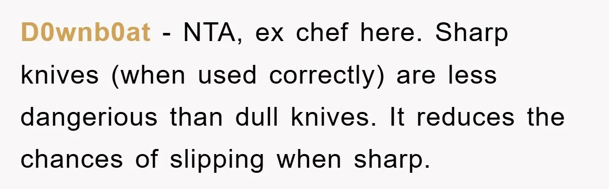 D0wnb0at − NTA, ex chef here. Sharp knives (when used correctly) are less dangerious than dull knives. It reduces the chances of slipping when sharp.