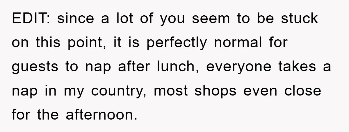 EDIT: since a lot of you seem to be stuck on this point, it is perfectly normal for guests to nap after lunch, everyone takes a nap in my country,...