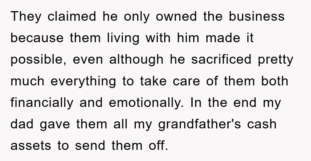 They claimed he only owned the business because them living with him made it possible, even although he sacrificed pretty much everything to take care of them both financially and...