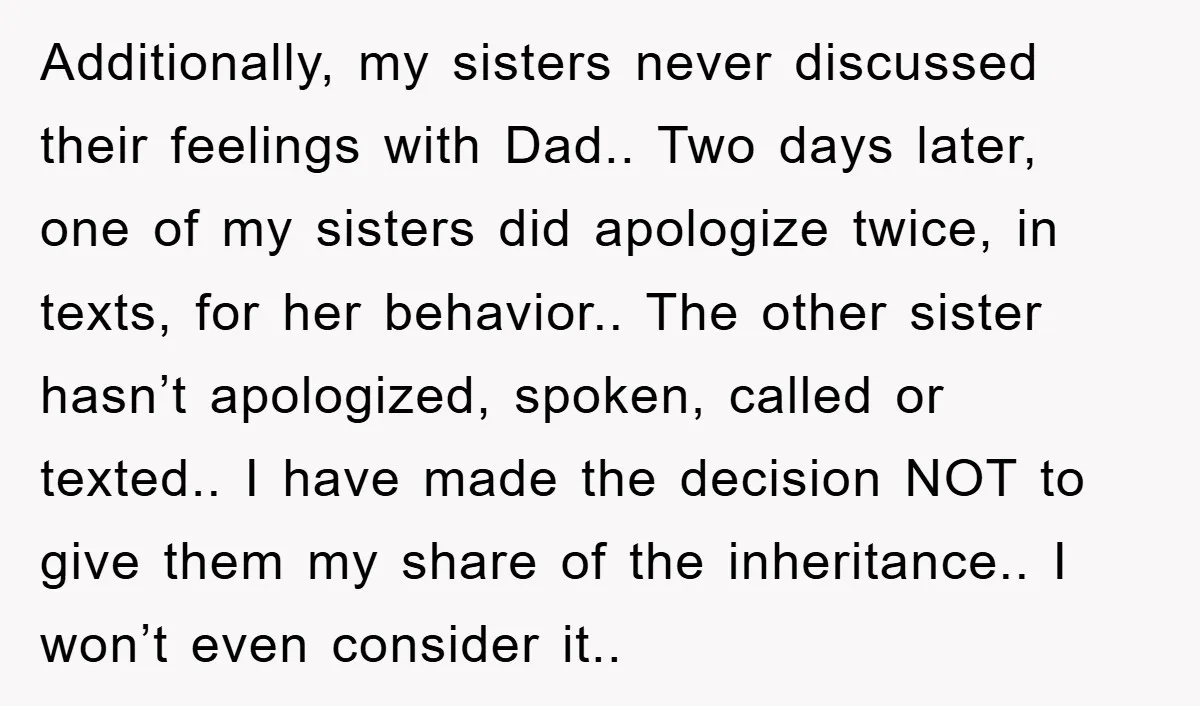 Additionally, my sisters never discussed their feelings with Dad.. Two days later, one of my sisters did apologize twice, in texts, for her behavior.. The other sister hasn’t apologized, spoken,...