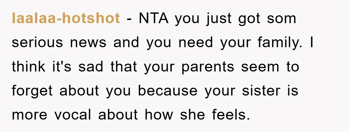 laalaa-hotshot − NTA you just got som serious news and you need your family. I think it's sad that your parents seem to forget about you because your sister is...