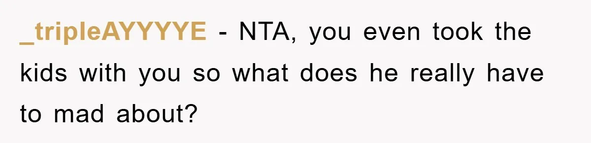 _tripleAYYYYE − NTA, you even took the kids with you so what does he really have to mad about?