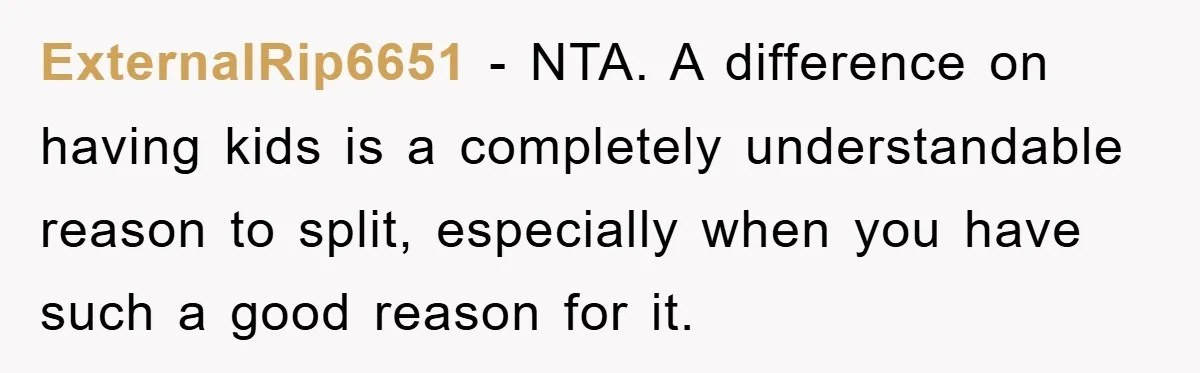 ExternalRip6651 − NTA. A difference on having kids is a completely understandable reason to split, especially when you have such a good reason for it.