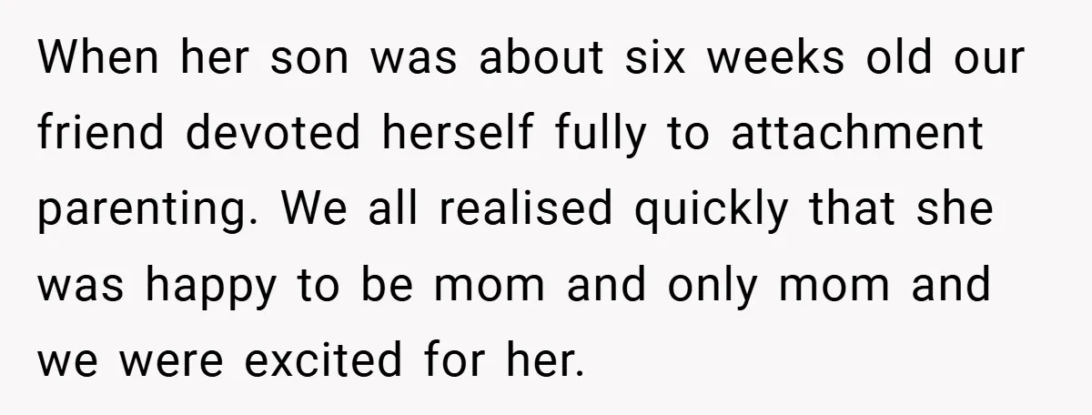 When her son was about six weeks old our friend devoted herself fully to attachment parenting. We all realised quickly that she was happy to be mom and only mom...