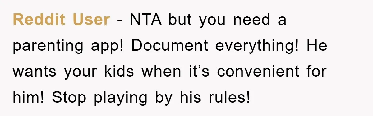 Reddit User - NTA but you need a parenting app! Document everything! He wants your kids when it’s convenient for him! Stop playing by his rules!