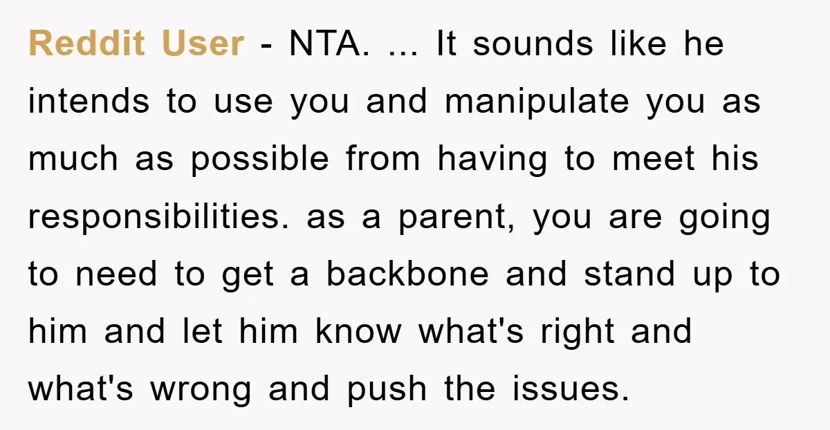Reddit User - NTA. ... It sounds like he intends to use you and manipulate you as much as possible from having to meet his responsibilities. as a parent, you...