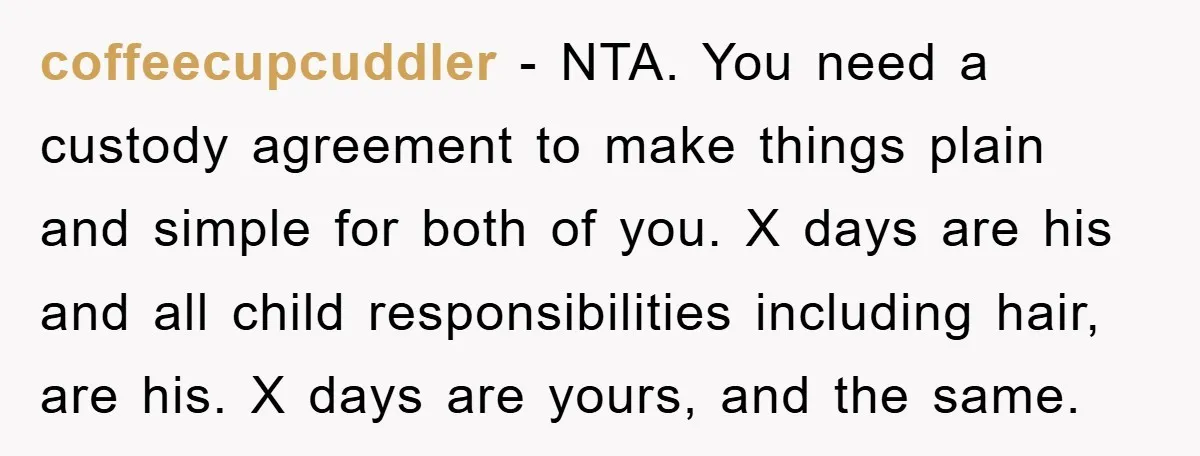 coffeecupcuddler - NTA. You need a custody agreement to make things plain and simple for both of you. X days are his and all child responsibilities including hair, are his....