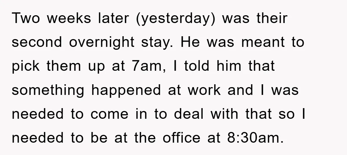 Two weeks later (yesterday) was their second overnight stay. He was meant to pick them up at 7am, I told him that something happened at work and I was needed...