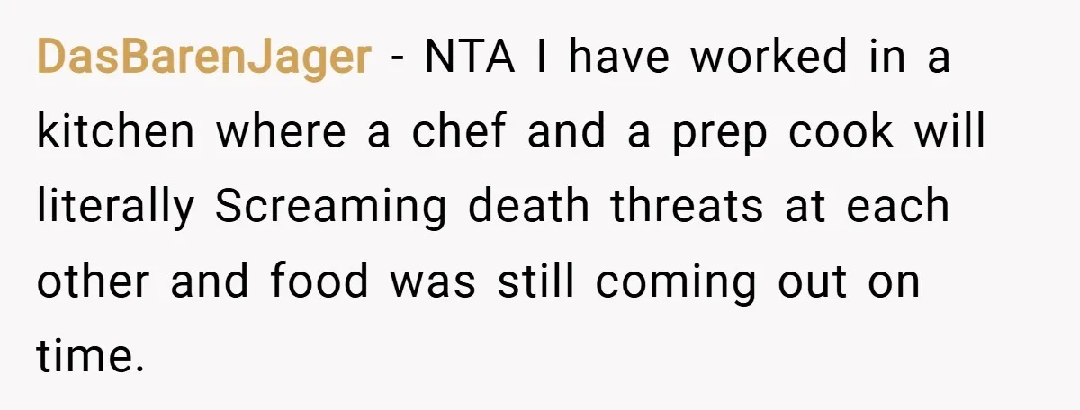 DasBarenJager − NTA I have worked in a kitchen where a chef and a prep cook will literally Screaming death threats at each other and food was still coming out...