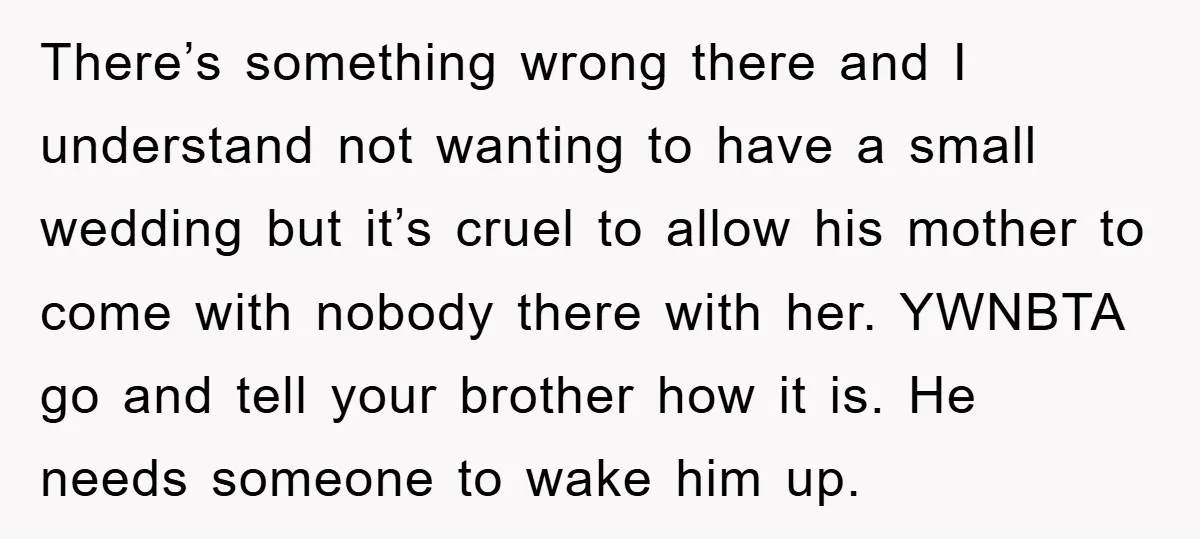 There’s something wrong there and I understand not wanting to have a small wedding but it’s cruel to allow his mother to come with nobody there with her. YWNBTA go...