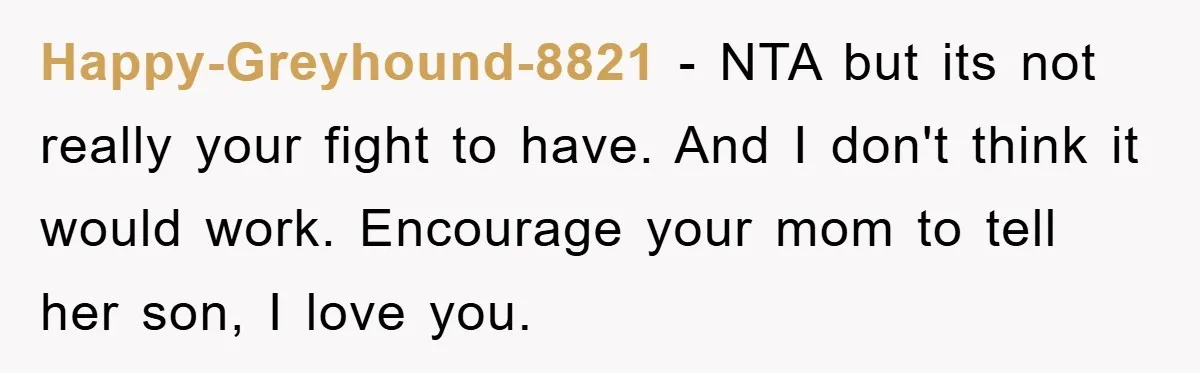 Happy-Greyhound-8821 - NTA but its not really your fight to have. And I don't think it would work. Encourage your mom to tell her son, I love you.