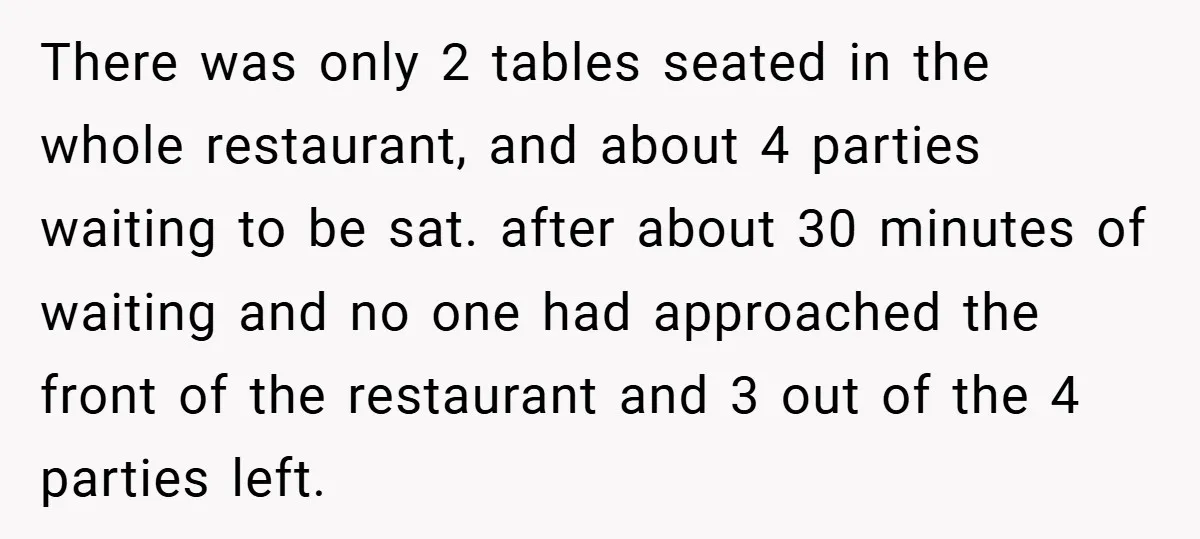 There was only 2 tables seated in the whole restaurant, and about 4 parties waiting to be sat. after about 30 minutes of waiting and no one had approached the...