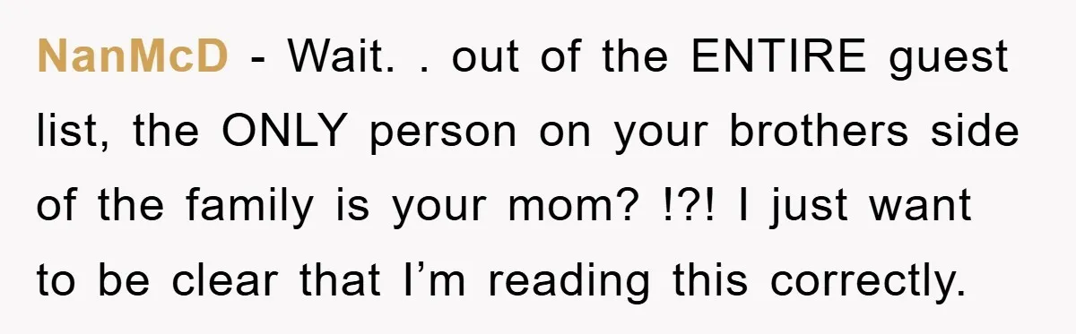 NanMcD - Wait. . out of the ENTIRE guest list, the ONLY person on your brothers side of the family is your mom? !?! I just want to be clear...