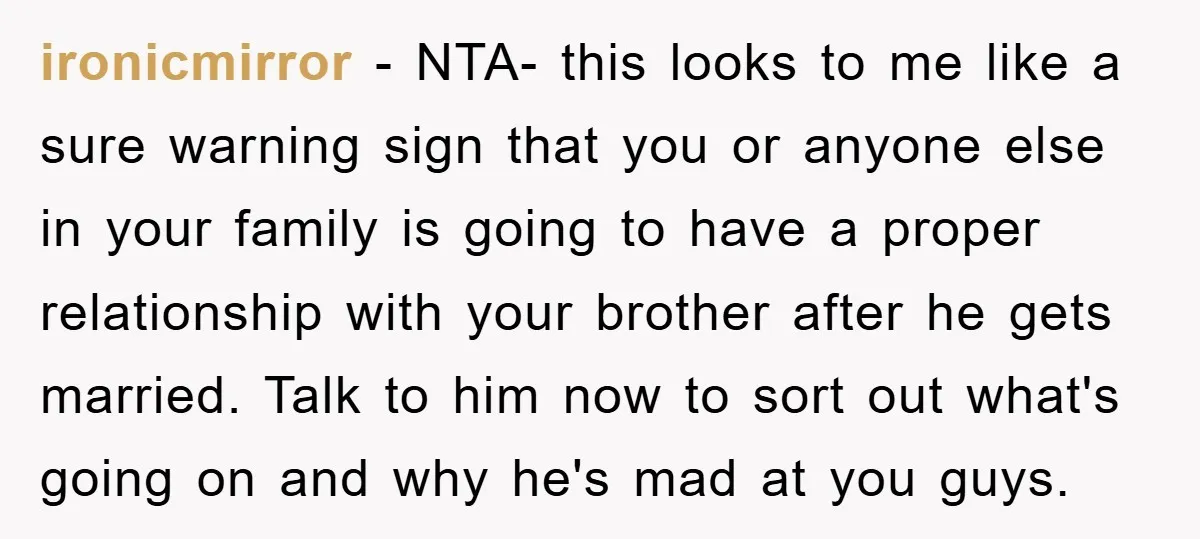 ironicmirror - NTA- this looks to me like a sure warning sign that you or anyone else in your family is going to have a proper relationship with your brother...
