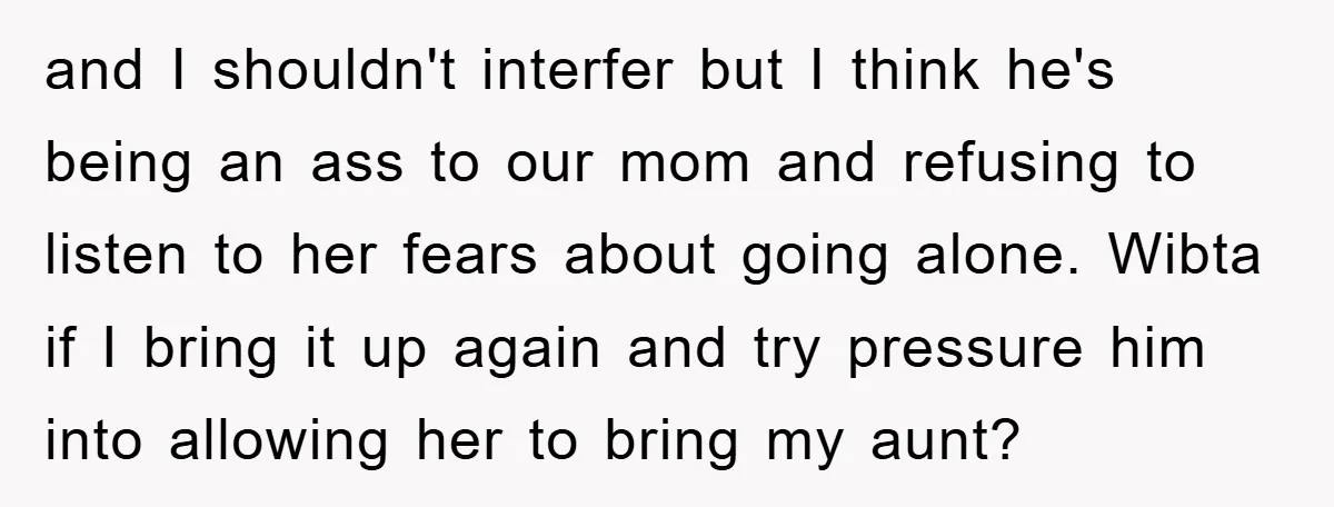 and I shouldn't interfer but I think he's being an ass to our mom and refusing to listen to her fears about going alone. Wibta if I bring it up...