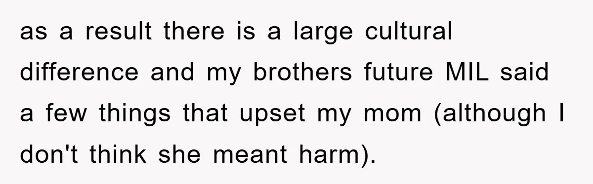 as a result there is a large cultural difference and my brothers future MIL said a few things that upset my mom (although I don't think she meant harm).