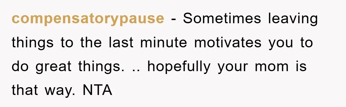 compensatorypause − Sometimes leaving things to the last minute motivates you to do great things. .. hopefully your mom is that way. NTA