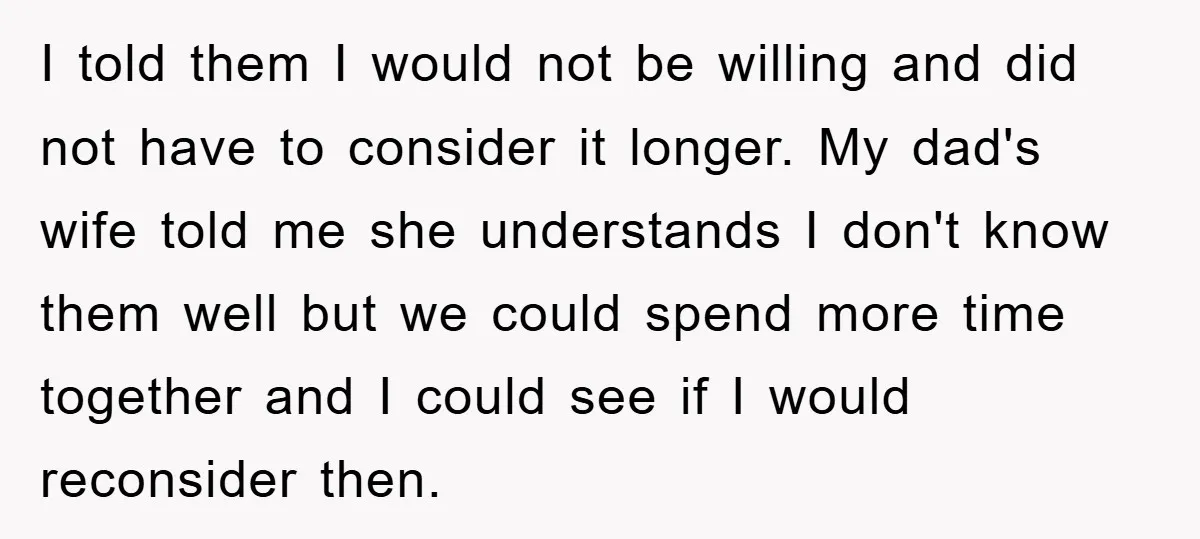 I told them I would not be willing and did not have to consider it longer. My dad's wife told me she understands I don't know them well but we...