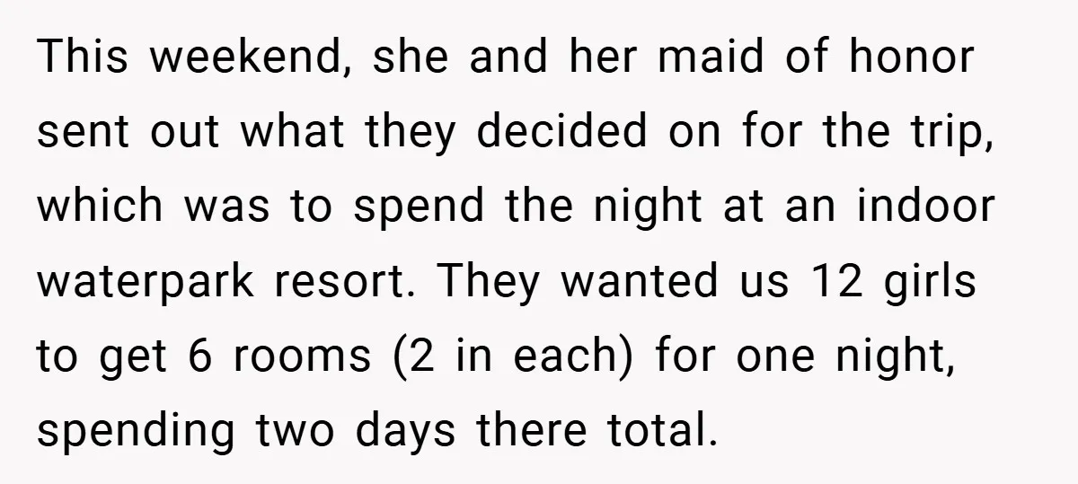This weekend, she and her maid of honor sent out what they decided on for the trip, which was to spend the night at an indoor waterpark resort. They wanted...