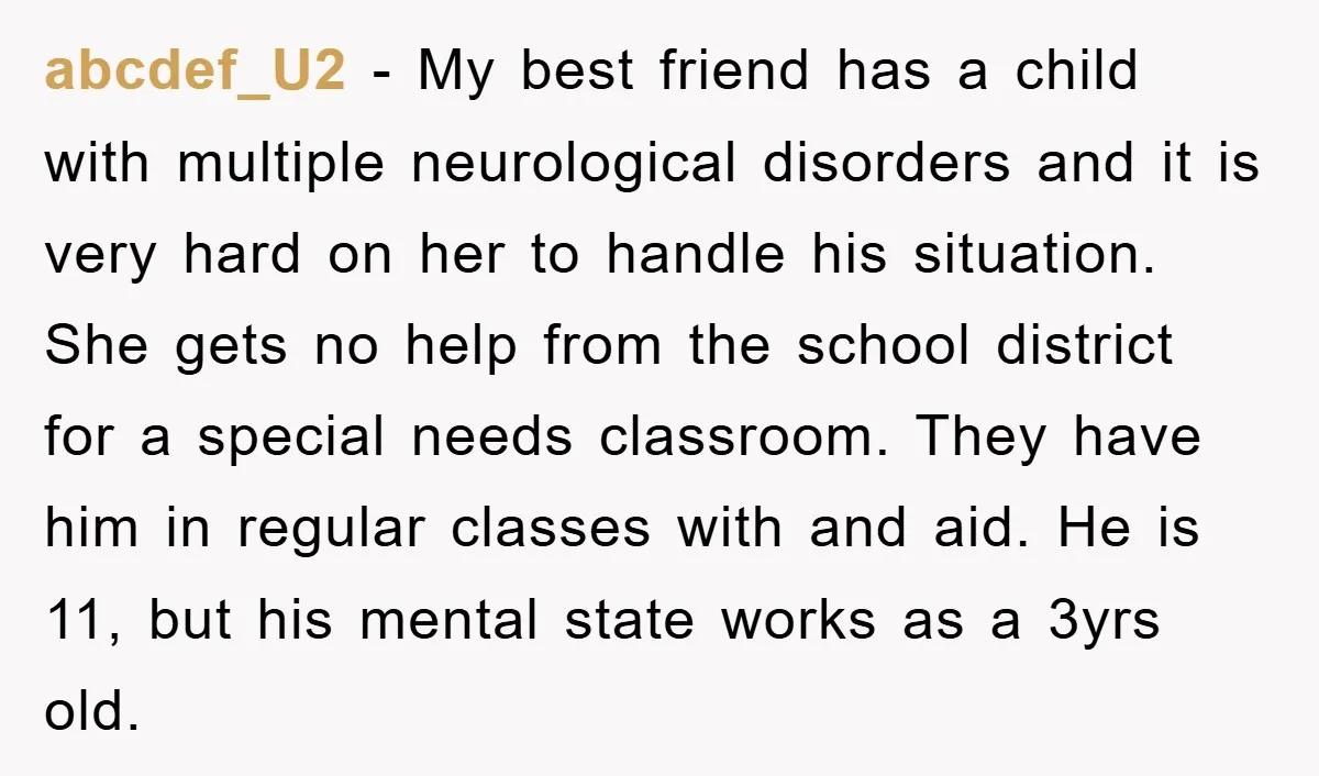 abcdef_U2 − My best friend has a child with multiple neurological disorders and it is very hard on her to handle his situation. She gets no help from the school...