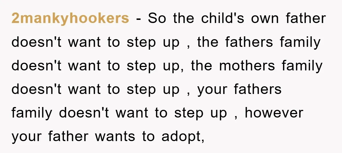 2mankyhookers − So the child's own father doesn't want to step up , the fathers family doesn't want to step up, the mothers family doesn't want to step up ,...