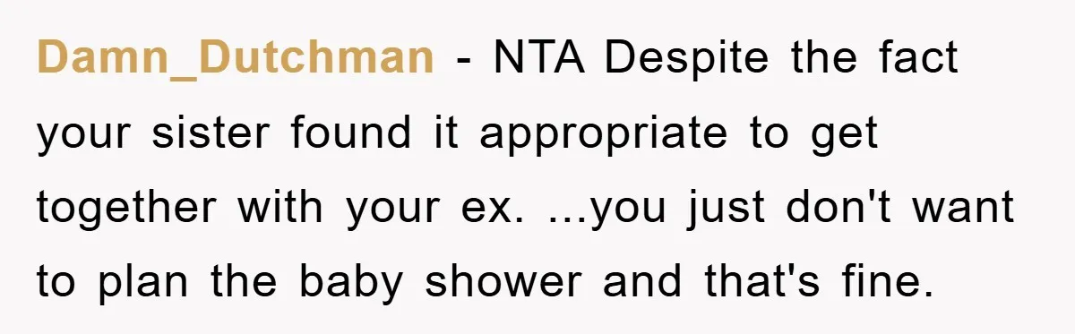 Damn_Dutchman − NTA Despite the fact your sister found it appropriate to get together with your ex. ...you just don't want to plan the baby shower and that's fine.