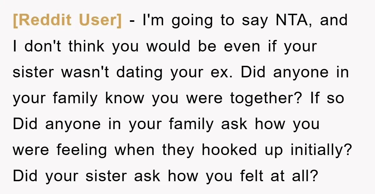 [Reddit User] − I'm going to say NTA, and I don't think you would be even if your sister wasn't dating your ex. Did anyone in your family know you...