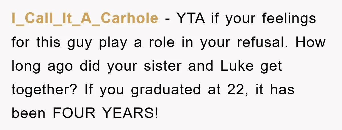 I_Call_It_A_Carhole − YTA if your feelings for this guy play a role in your refusal. How long ago did your sister and Luke get together? If you graduated at 22,...
