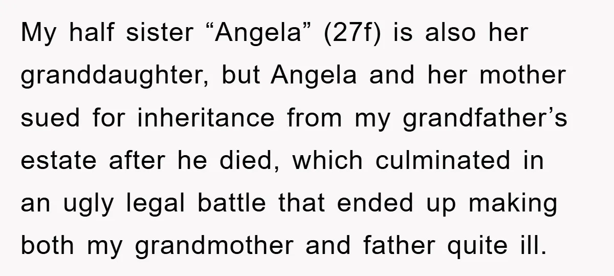 My half sister “Angela” (27f) is also her granddaughter, but Angela and her mother sued for inheritance from my grandfather’s estate after he died, which culminated in an ugly legal...