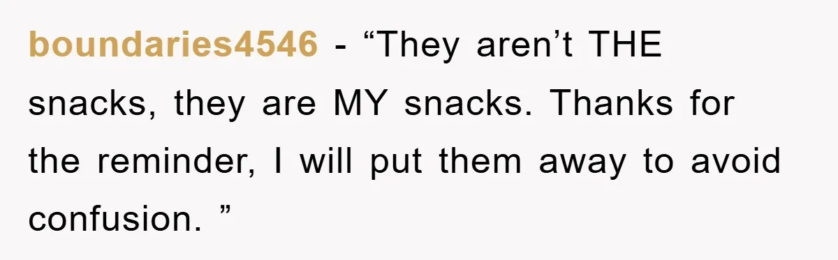 boundaries4546 − “They aren’t THE snacks, they are MY snacks. Thanks for the reminder, I will put them away to avoid confusion. ”