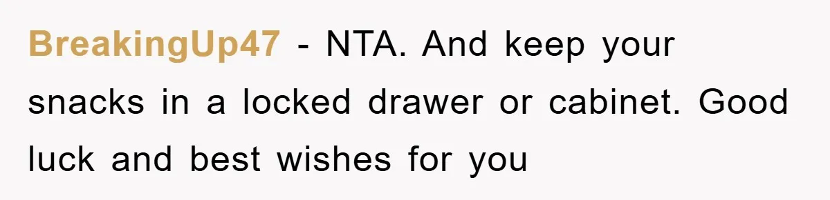 BreakingUp47 − NTA. And keep your snacks in a locked drawer or cabinet. Good luck and best wishes for you