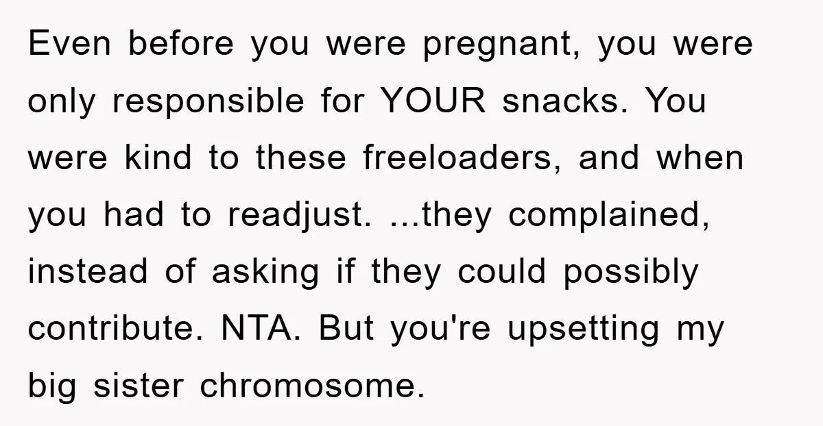 Even before you were pregnant, you were only responsible for YOUR snacks. You were kind to these freeloaders, and when you had to readjust. ...they complained, instead of asking if...