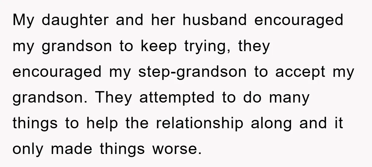 My daughter and her husband encouraged my grandson to keep trying, they encouraged my step-grandson to accept my grandson. They attempted to do many things to help the relationship along...