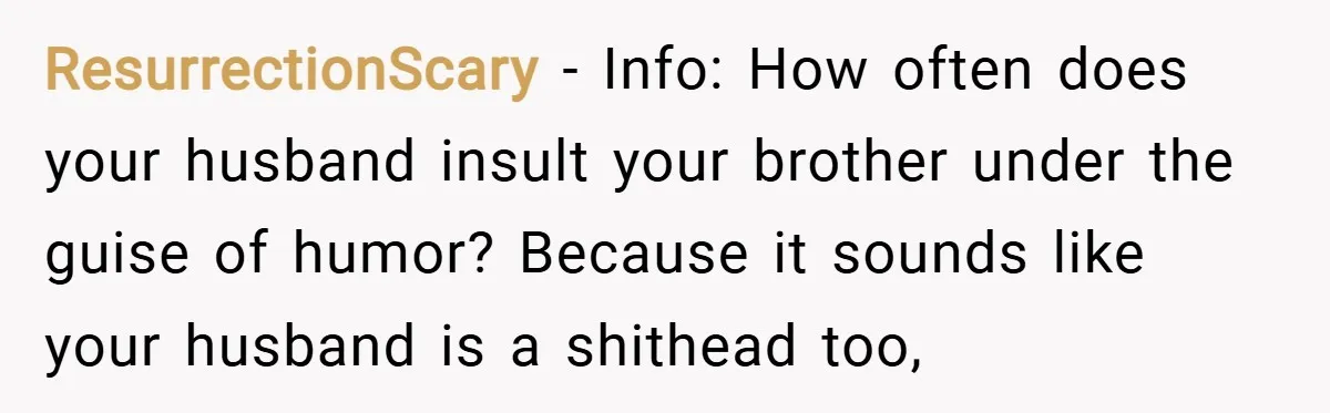 ResurrectionScary − Info: How often does your husband insult your brother under the guise of humor? Because it sounds like your husband is a shithead too,