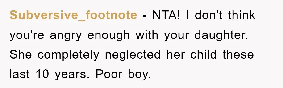 Subversive_footnote − NTA! I don't think you're angry enough with your daughter. She completely neglected her child these last 10 years. Poor boy.