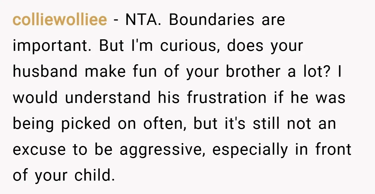 colliewolliee − NTA. Boundaries are important. But I'm curious, does your husband make fun of your brother a lot? I would understand his frustration if he was being picked on...