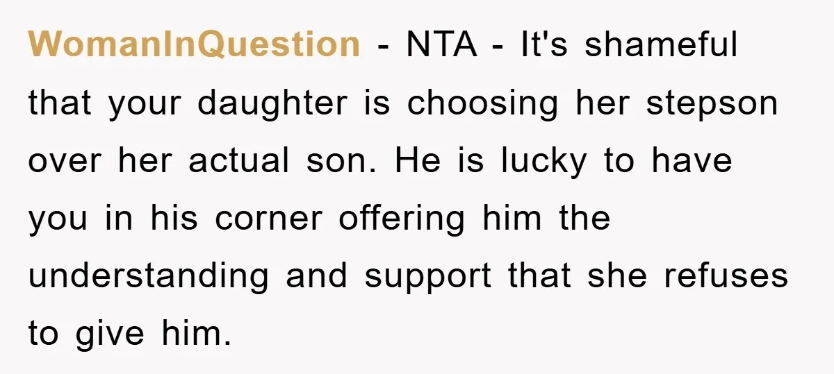 WomanInQuestion − NTA - It's shameful that your daughter is choosing her stepson over her actual son. He is lucky to have you in his corner offering him the understanding...