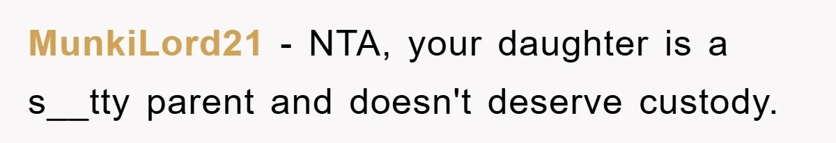 MunkiLord21 − NTA, your daughter is a s__tty parent and doesn't deserve custody.