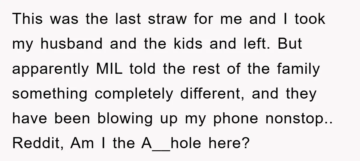 This was the last straw for me and I took my husband and the kids and left. But apparently MIL told the rest of the family something completely different, and...