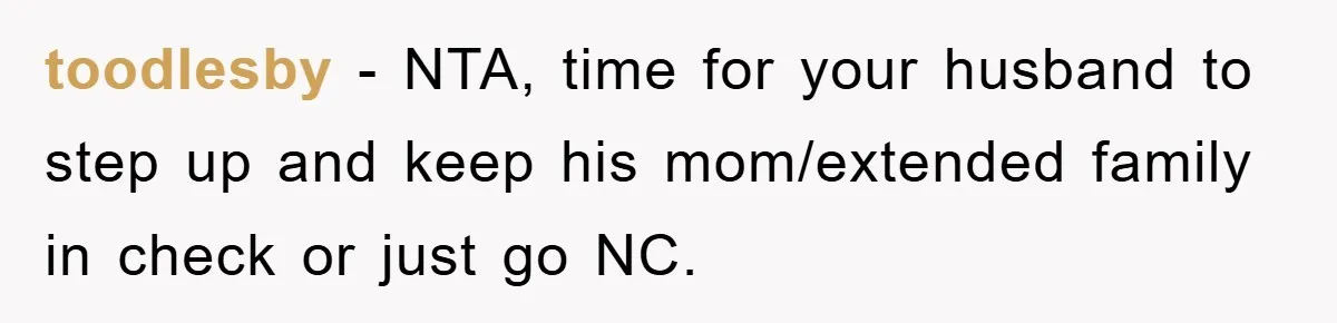 toodlesby − NTA, time for your husband to step up and keep his mom/extended family in check or just go NC.