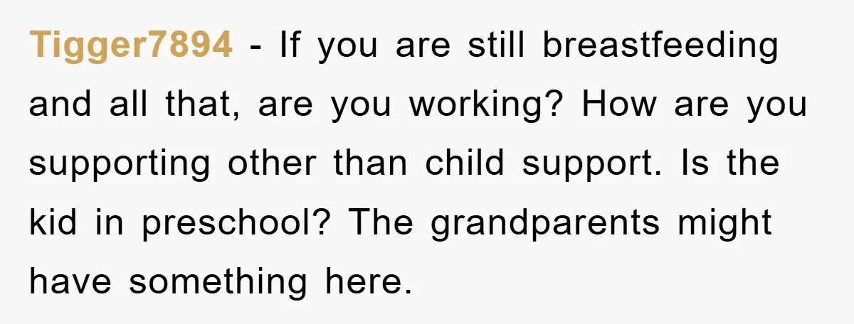 Tigger7894 - If you are still breastfeeding and all that, are you working? How are you supporting other than child support. Is the kid in preschool? The grandparents might have...