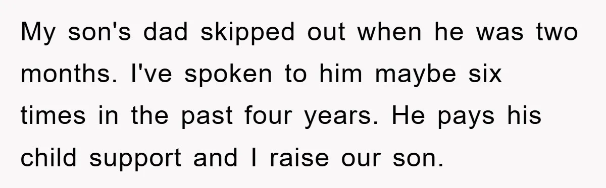 My son's dad skipped out when he was two months. I've spoken to him maybe six times in the past four years. He pays his child support and I raise...