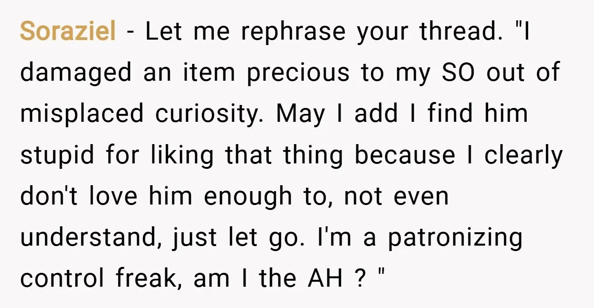 Soraziel − Let me rephrase your thread. "I damaged an item precious to my SO out of misplaced curiosity. May I add I find him stupid for liking that thing...