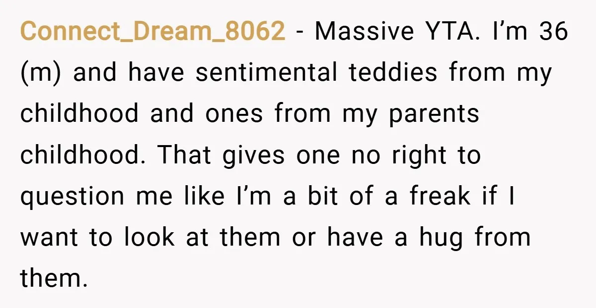 Connect_Dream_8062 − Massive YTA. I’m 36 (m) and have sentimental teddies from my childhood and ones from my parents childhood. That gives one no right to question me like I’m...