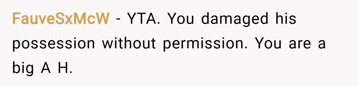 FauveSxMcW − YTA. You damaged his possession without permission. You are a big A H.